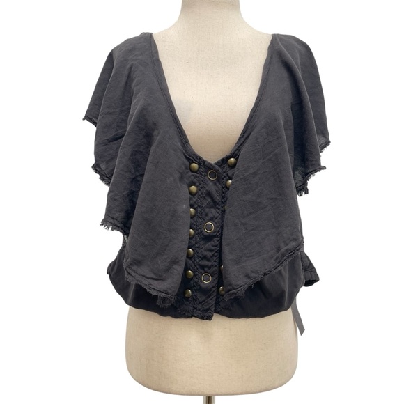 Seneca Rising Short Sleeve Flutter Studded Black Cotton Top Size Small - Picture 1 of 12